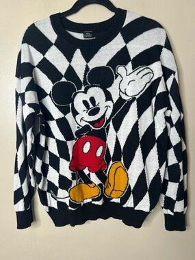 Disney Black & White Checker Mickey Crewneck Sweater with Red & Yellow Accents